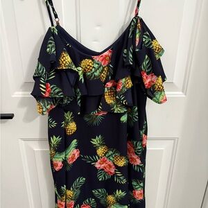 Cold shoulder Tropical Ruffle Dress with Pineapple Print